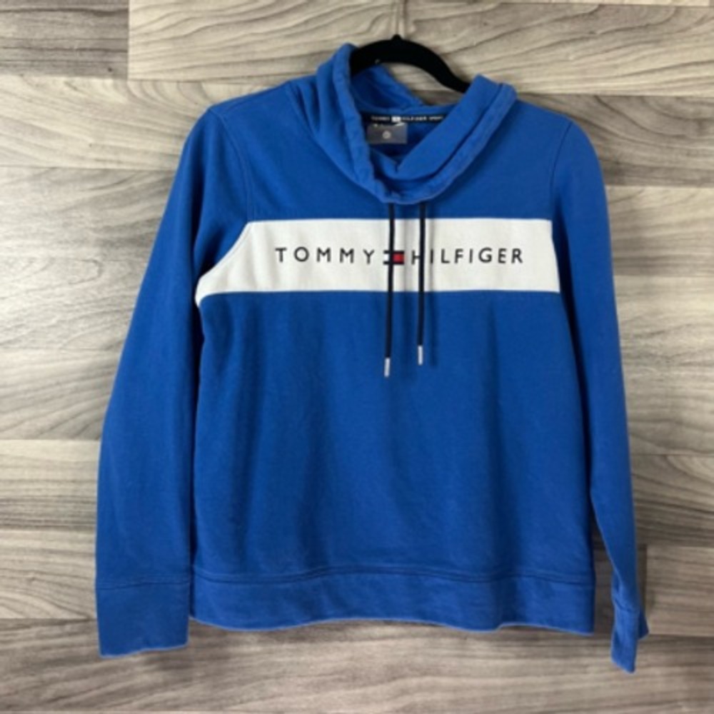 Tommy Hilfiger Womens Pullover Sweatshirt Blue Long Sleeve Logo Drawstring‎ S